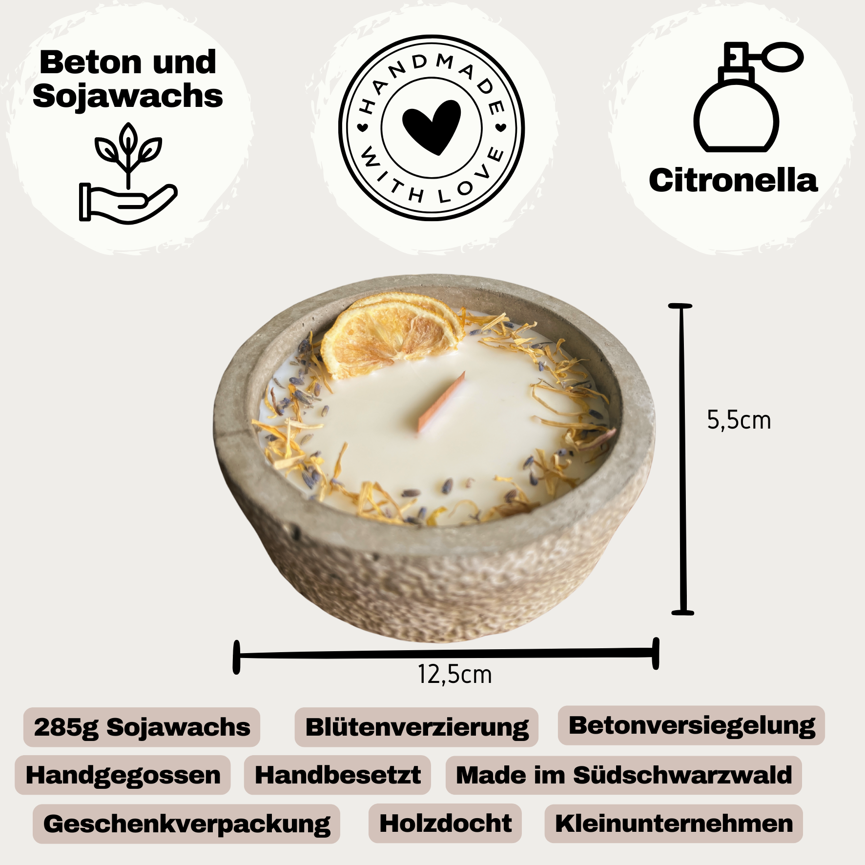 Black Edition HANDGEMACHTE Citronella BETONKERZE - Stilvolle Sojawachskerze für Ihr Zuhause. Outdoor Kerze mit Blütenverzierung und HOCHWERTIGEM Holzdocht aus dem Südschwarzwald