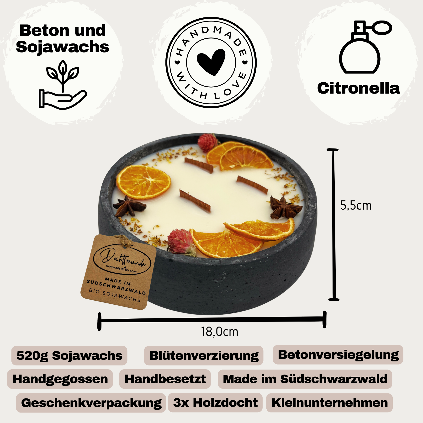 Handbesetze XXL Outdoor Citronella-Betonkerze Black Edition „Big Black - Mugge Schreck“ – Mit drei Holdochten - Handgemachter Insektenschutz aus dem Südschwarzwald mit Blütenverzierung