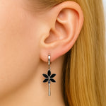 Ohrringe aus 925er Sterling-Silber, Creole hängend mit schwarzen Blättern