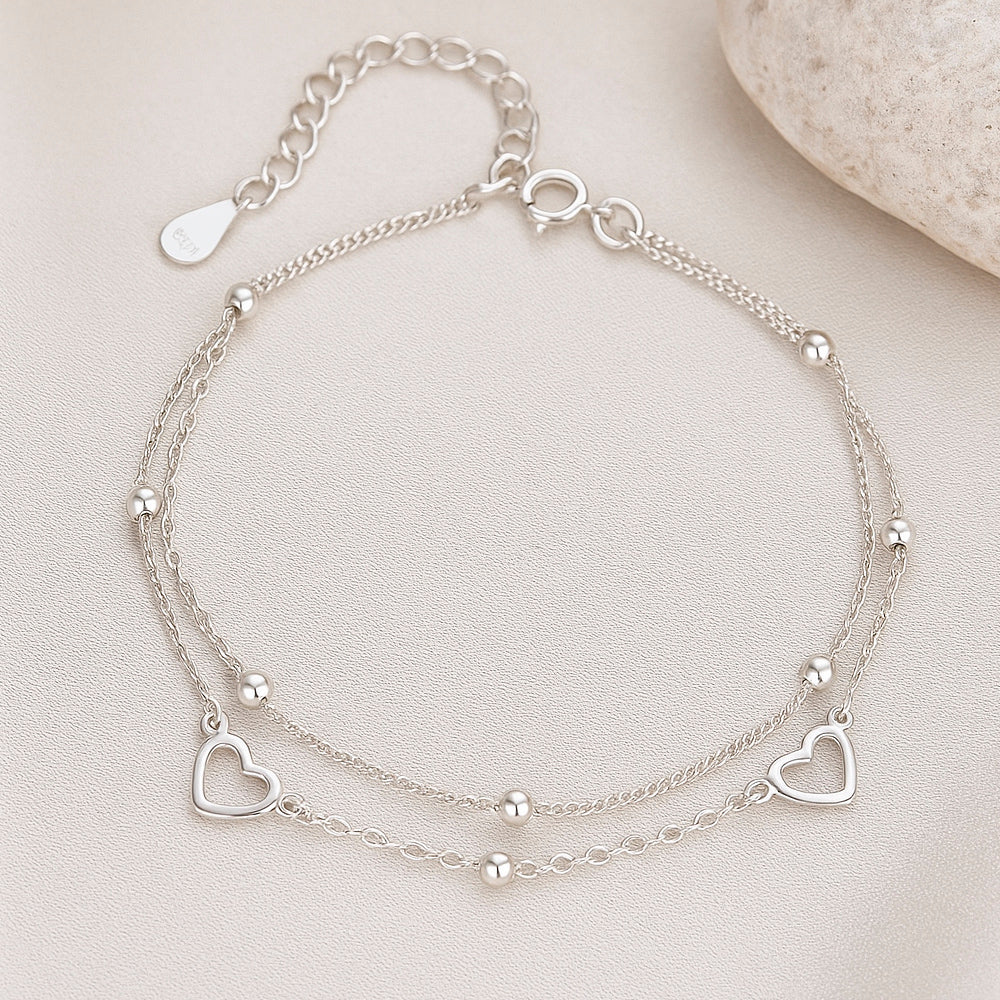 Armband aus 925er-Sterling-Silber, doppellagige Kette mit Herz