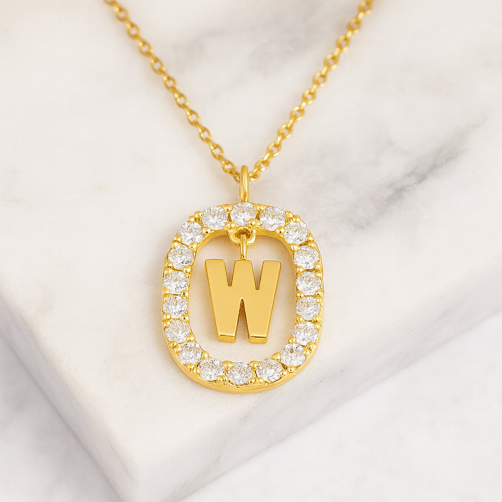 Kette mit Anhänger aus 925er Sterling-Silber, verschiedene Buchstaben im Strasskreis, 45cm