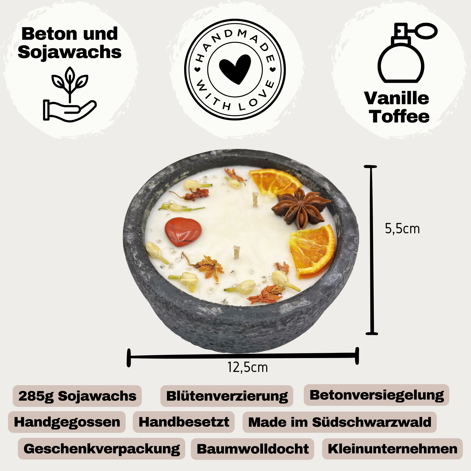 DochtFreunde Beton-Kerzen Set (3x) - Black Cinnamon | Vegan & Handmade