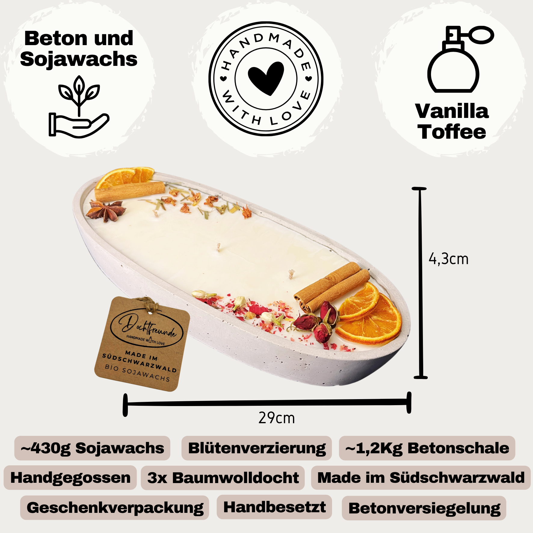 Design-Betonkerze "Grey Ship" (29cm) – Vanilla Toffee & Blüten-Topping